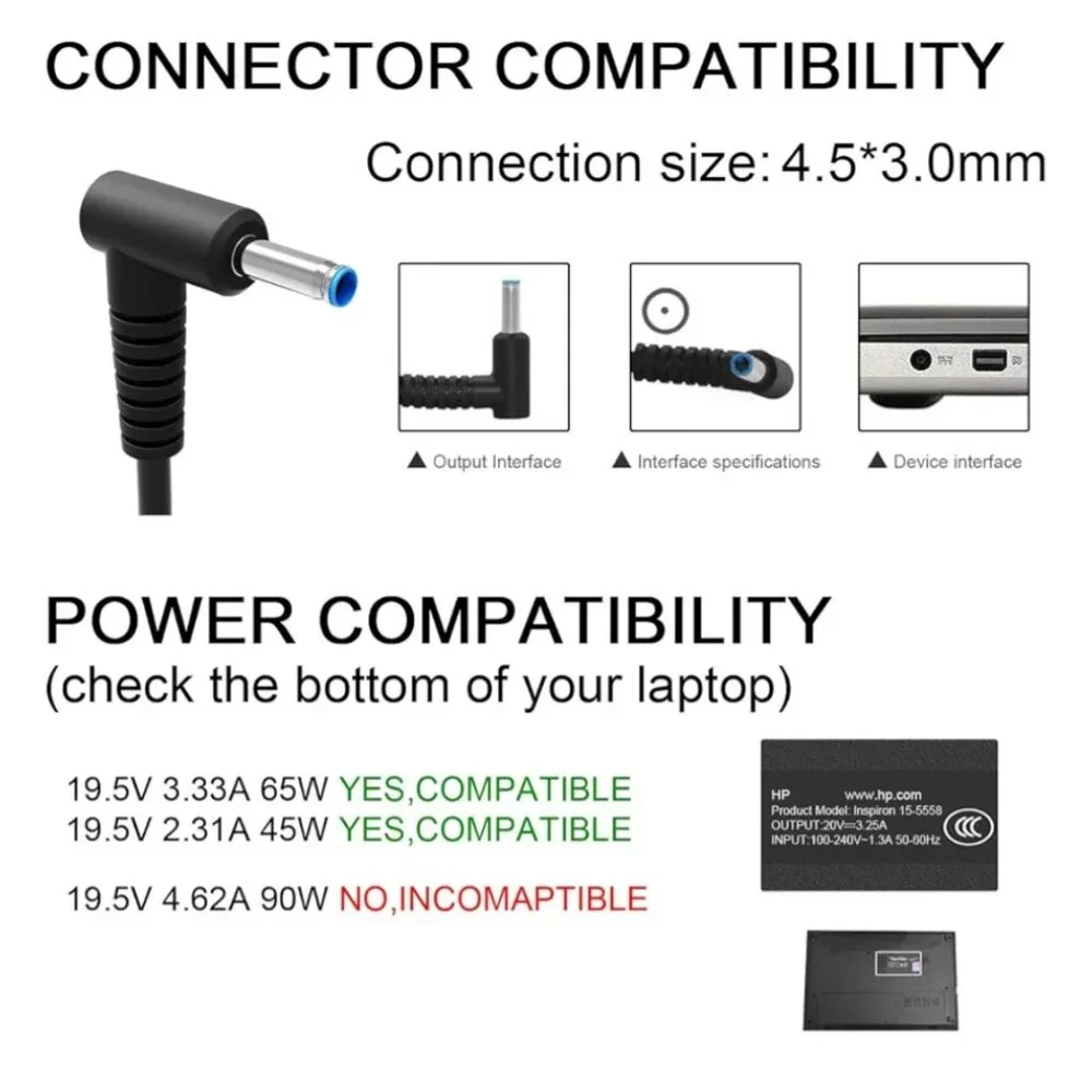 HP OEM 45W/19.5V Laptop Charger w/ Smart Blue Tip Adapter